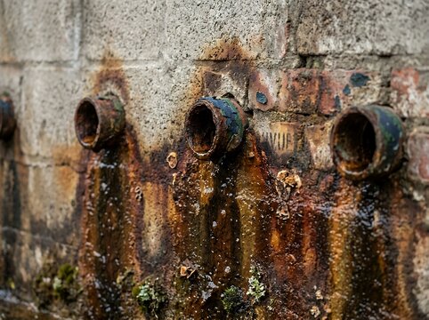 Rusty pipes on weathered wall texture, industrial decay, rusted metal surface