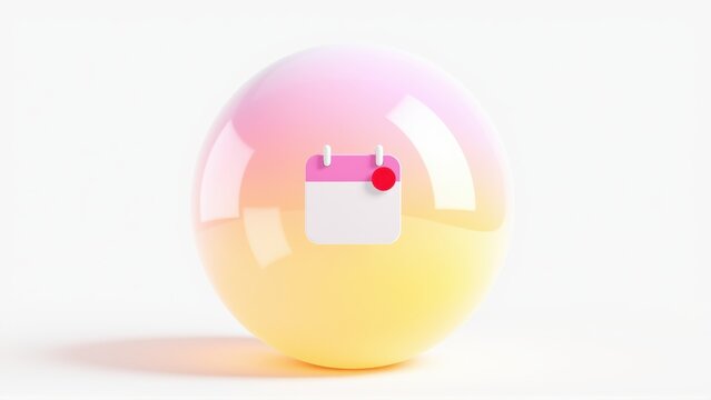 Glossy sphere displays calendar icon. Soft gradients blend pink, orange hues. Minimalist design, clean aesthetic, simple composition.