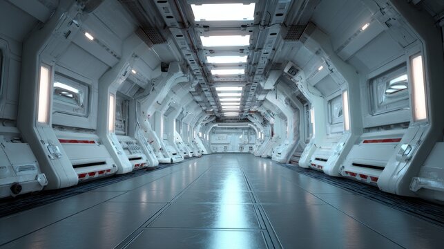 Futuristic science fiction space station corridor with advanced technology, sleek metallic architecture, glowing lights, deep space interior, high tech research facility and starship environment