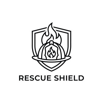 Minimalist linear fire fighter rescue shield logo with helmet and flame