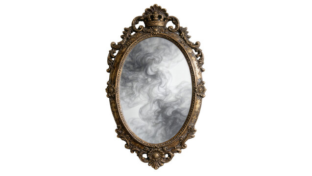 Ornate antique gold oval mirror with swirling grey smoke reflection, isolated on transparent background