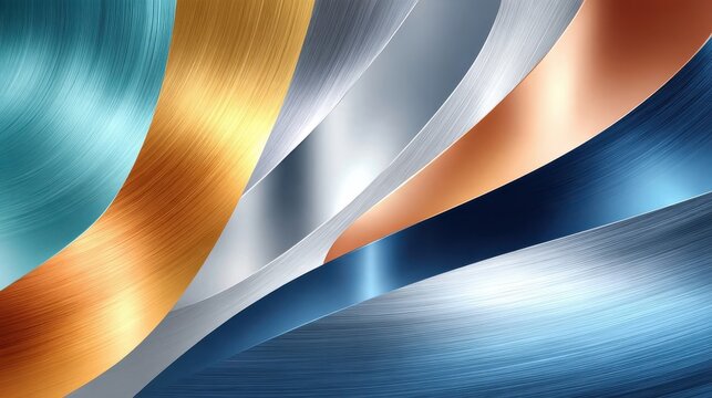 Brushed aluminum surface with flowing anodized metal bands in teal, gold, silver, copper and blue gradient finish, modern industrial design element