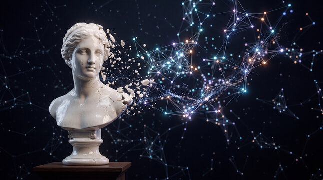 Classical marble bust dissolving into glowing digital network on dark background