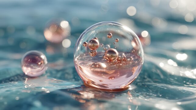 Cosmetic essence molecule encapsulated in liquid bubble on water background, 3d rendering of skincare formula, molecular beauty science, cosmetic chemistry, hydration, biotechnology and scientific res
