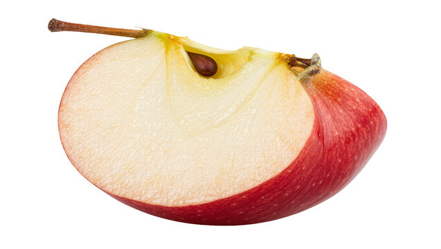 Red apple slice with visible seed and stem, isolated on transparent background
