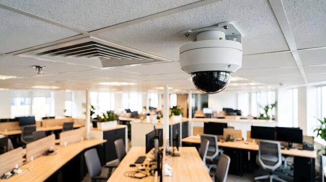 Security camera mounted on office ceiling
