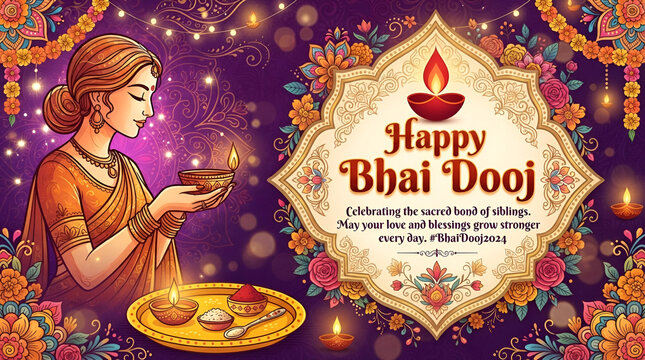 Happy Bhai Dooj Greeting Template with Decorative Ornaments, Bhai Tika, Indian Religious Festival Bhai Dooj Wishes Background