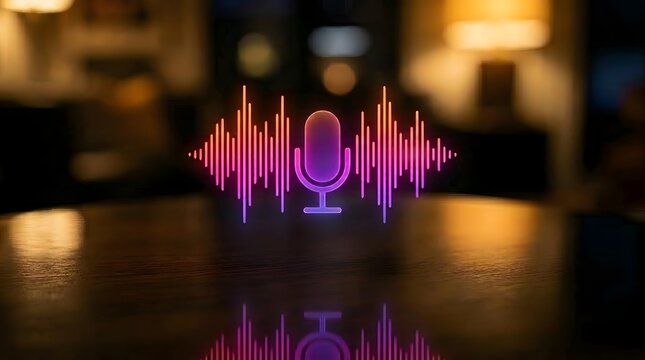 Neon microphone icon with sound wave visualization