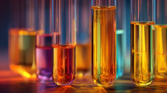 Colorful test tubes with vibrant glowing liquids in modern science laboratory, bright chemical research experiment background for scientific research, laboratory testing, healthcare innovation, and te