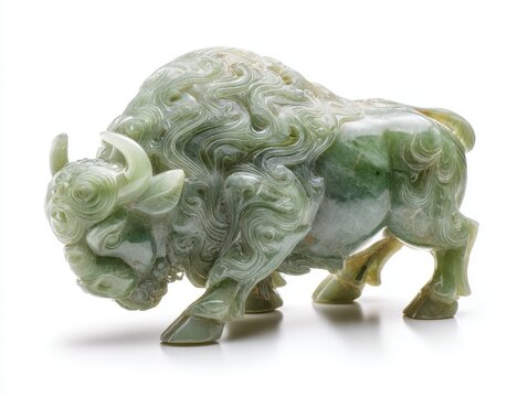 Ornate Green Jade Sculpture Of A Bison On A Clean White Studio Background With Soft Natural Lighting
