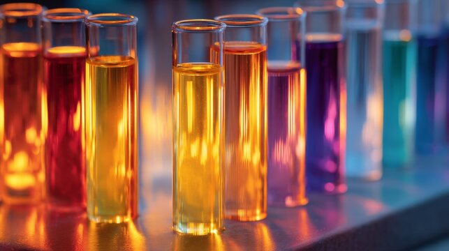 Colorful test tubes with vibrant glowing liquids in modern science laboratory, bright chemical research experiment background for scientific research, laboratory testing, healthcare innovation, and te