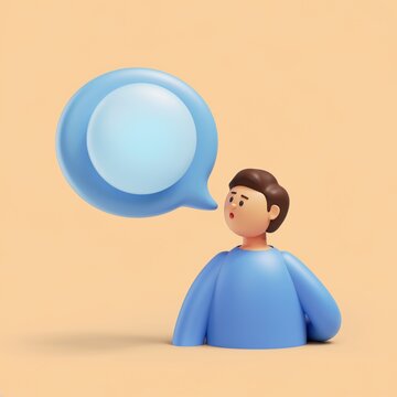 3d Character Speaking with Blank Blue Speech Bubble