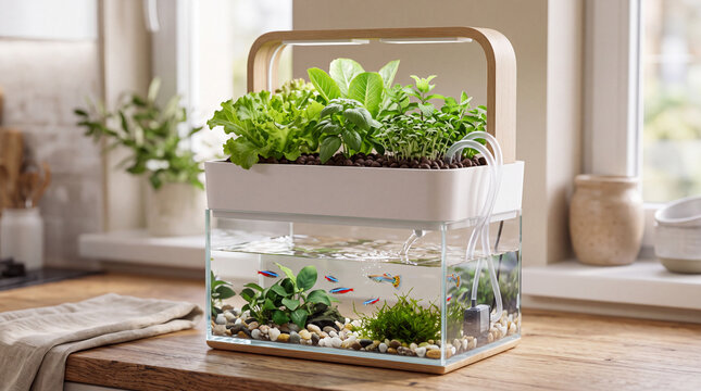 Countertop aquaponics system with fish tank and herb garden in bright kitchen