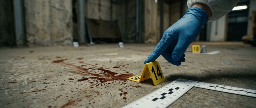 Forensic investigation crime scene evidence blood spatter analysis investigator in blue gloves marking evidence markers