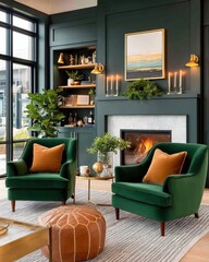 Obraz premium Emerald velvet armchairs with gold accents and orange cushions facing lit fireplace in modern living room with dark green walls and built-in shelves