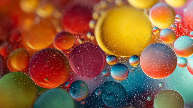 Colorful liquid bubbles in vibrant abstract macro pattern, fluid shapes and dynamic textures for science, chemistry, laboratory, molecular research, liquid surface, and creative background concepts