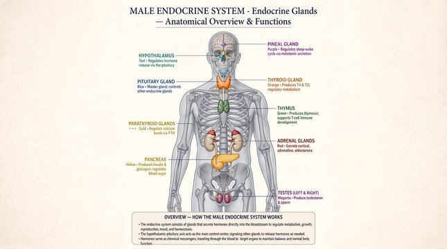 Male endocrine system anatomy diagram showing endocrine glands and hormonal functions on skeleton body