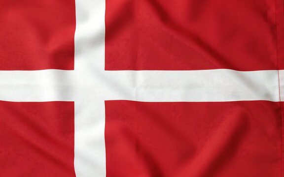 Waving flag of denmark with red fabric and white cross design in soft light