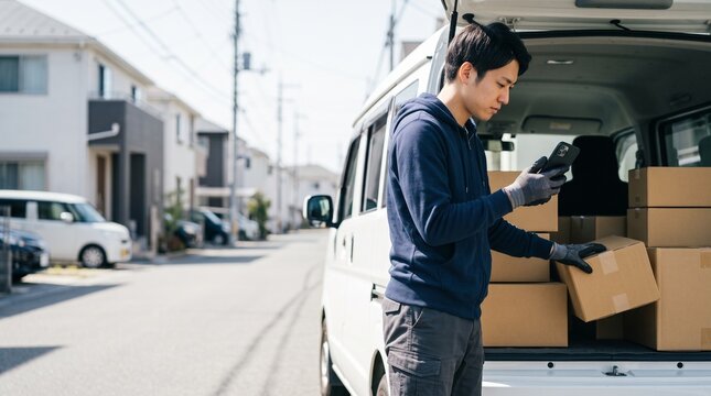 Japanese gig worker checking delivery route on smartphone beside van filled with cardboard packages