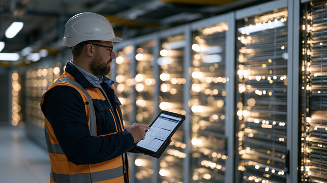 Wide view inside a data center hallway with rows of illuminated server racks, a technician in safety gear monitoring AI inference load dashboards on a portable terminal, cloud