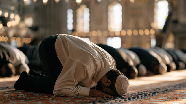 Rows of faithful Muslim men prostrating in synchronized sujood on ornate carpeted floors inside a vast domed mosque, foreheads touching ground in submission, filtered daylight