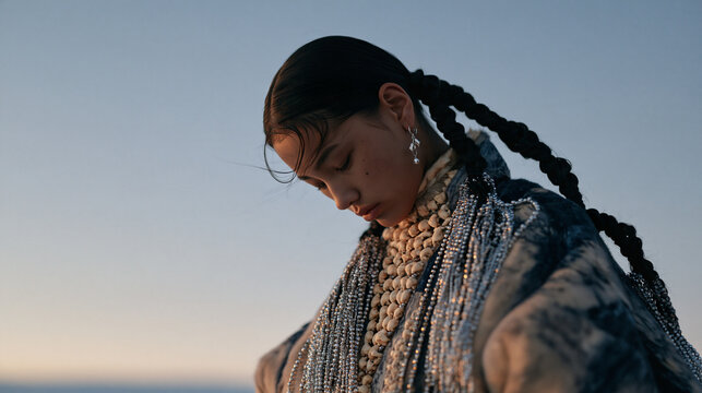 Sami girl with silver-threaded braids bowing her head outdoors beneath vast Nordic sky at twilight, arms at her sides, traditional spiritual expression, indigenous northern