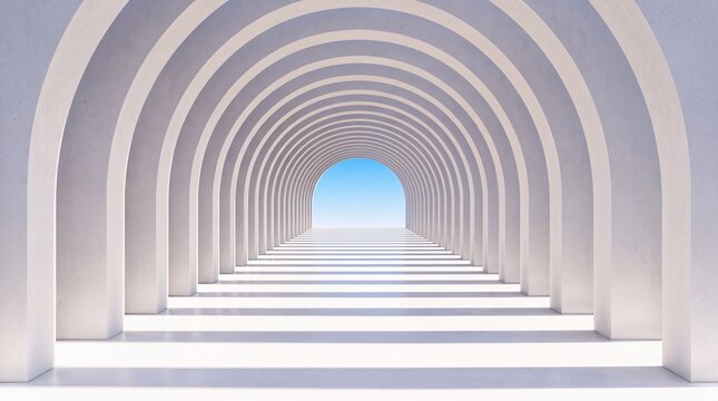 Symmetrical white archway corridor perspective leading toward blue sky background design template.