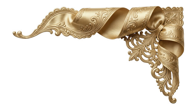 Ornate golden ribbon corner decoration isolated on transparent background