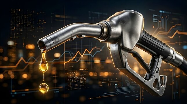 Fuel pump nozzle with oil droplets and digital data background