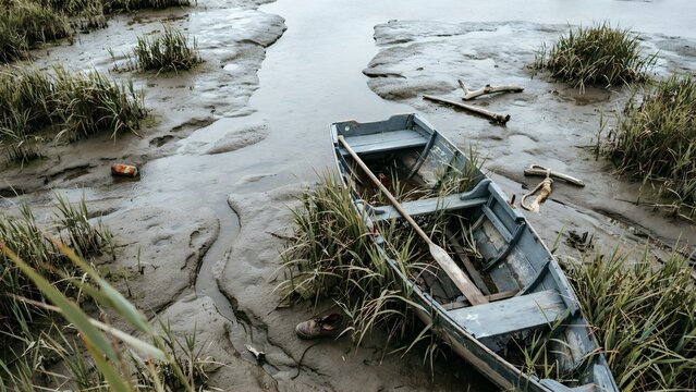 Old Wooden Boat Resting on Muddy Shoreline with Grass and Driftwood