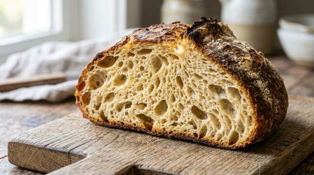 Freshly baked sourdough bread loaf sliced on a rustic wooden cutting