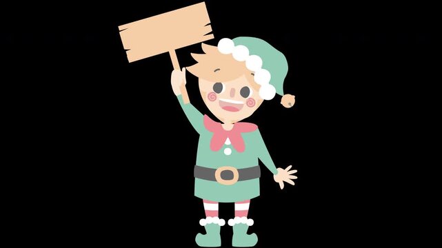 merry christmas and happy new year with cute little elf dwarf holding blank sign, overlay transparent prores 4444 4K