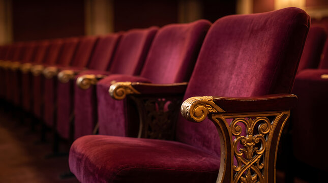 Ornate burgundy velvet theatre seats with carved golden wood armrests arranged in rows, warmly illuminated inside an elegant auditorium, front-facing empty seating interior