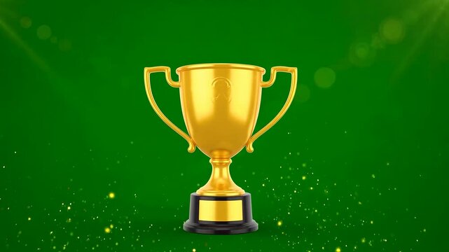 3d render of a gold trophy cup with glowing sparklers on green background
