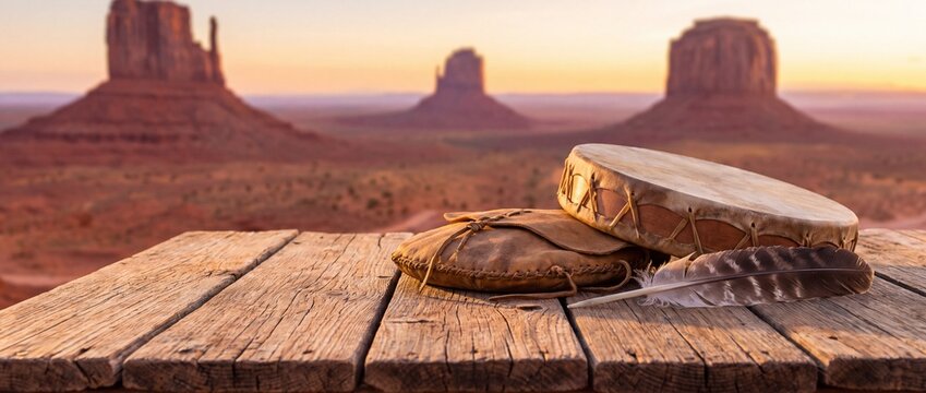 Native american drum feather and glove on wooden surface with desert