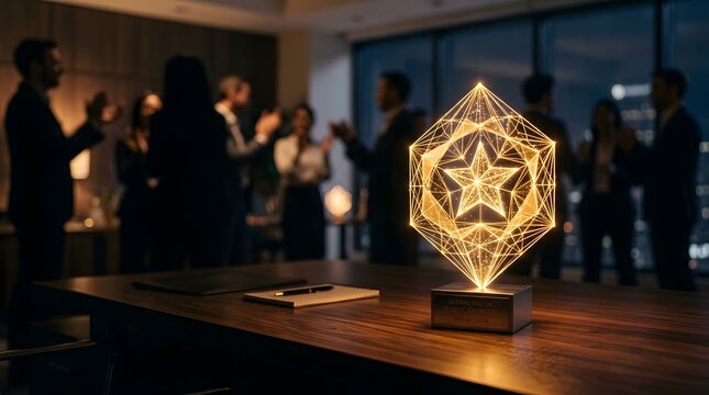 Glowing geometric star award on office table