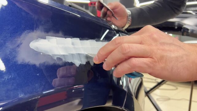 Professional auto mechanic man hands applying polyester car body filler putty with a steel spatula knife tool on a damaged blue vehicle part inside a detailing studio. Professional vehicle bodywork. 