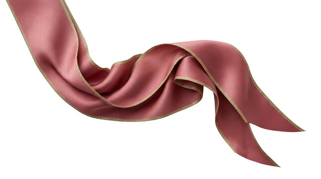 Elegant dusty pink satin ribbon with gold trim isolated on transparent background