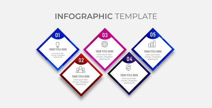 Minimalist 5 steps zig-zag diamond timeline infographic template with colorful 3D node frames vector design