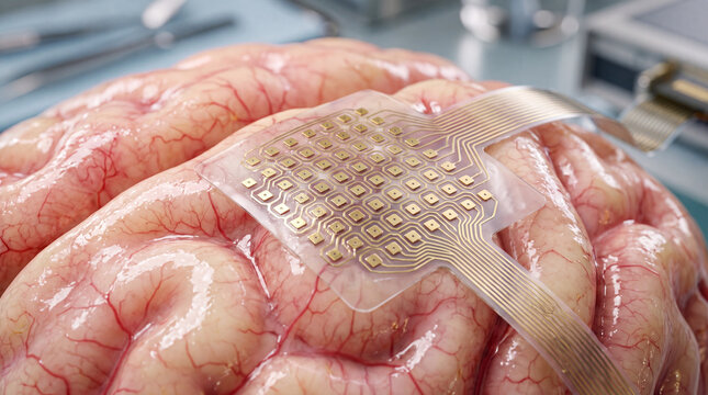 Flexible brain electrode array with gold contacts placed on brain tissue close-up