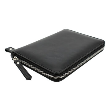Black leather zippered wallet case isolated on a transparent background