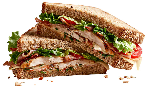 Club sandwich with sliced chicken breast bacon lettuce tomato and cheese on bread