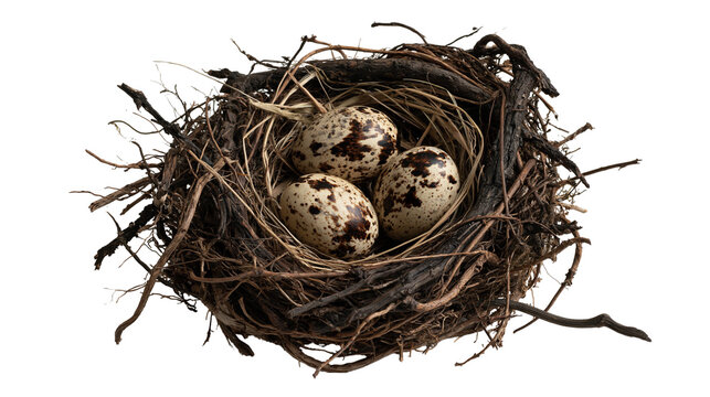 Three speckled quail eggs resting inside a woven bird nest made of dry twigs