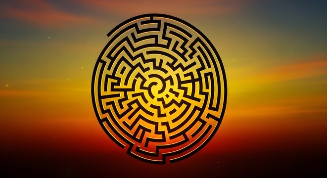 Circular labyrinth against a vibrant sunset sky representing complex problem solving and strategic planning