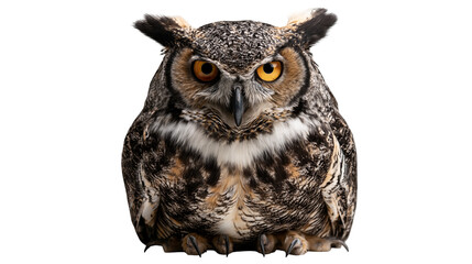 Obraz premium Great horned owl with intense yellow eyes and detailed brown and grey plumage