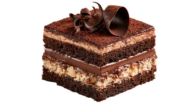 Square chocolate sponge cake slice with hazelnut cream and dark chocolate curls