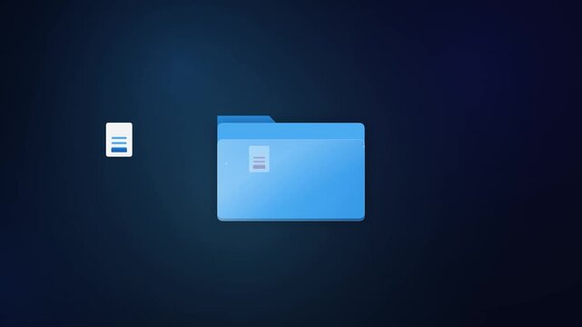 Motion graphic of a digital document icon transferring into a blue folder on dark background for computer storage and files organization concept