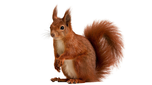 Red squirrel with bushy tail and white chest standing in alert posture