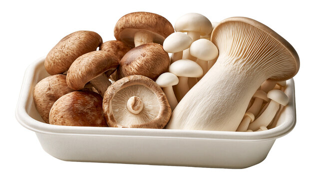 Fresh shiitake and king oyster mushrooms in a white rectangular tray