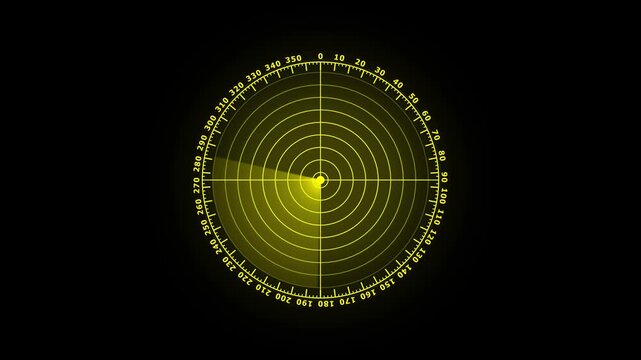 Yellow radar screen display with radial grid and sweeping scan line a technical digital interface showing circular distance rings and a rotating on black background